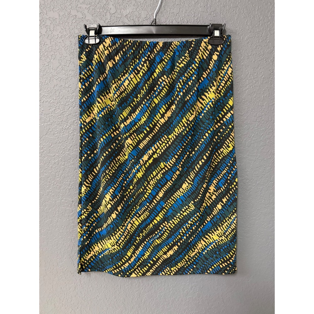 Notations Clothing Co Womens Abstract Dash Print Midi Skirt Blue Yellow Black S
